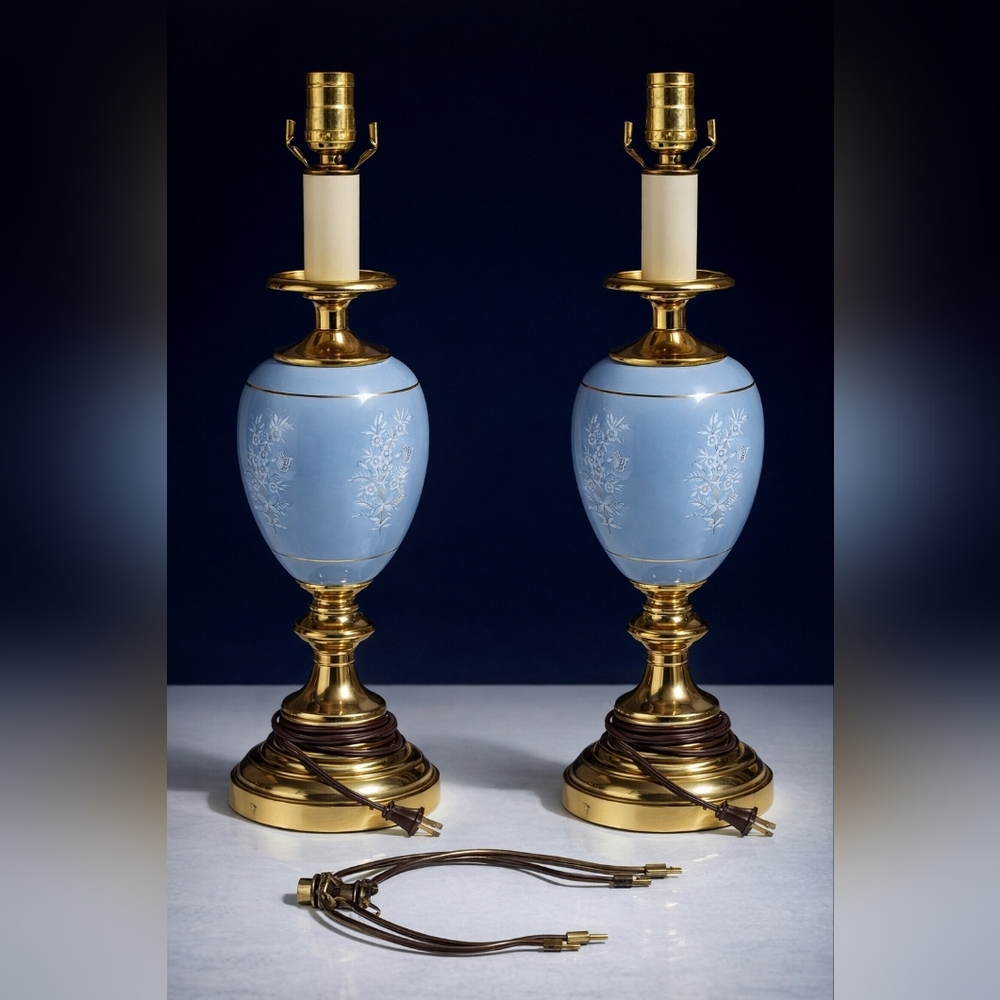 Pair Vtg Chinoiserie Sky Blue Porcelain Table Lamps Butterfly Floral Brass Base